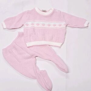 Vtg 80s Granny Sweater Pink Knit Footed Pants Outfit Baby 3-6 M Set Strawberry